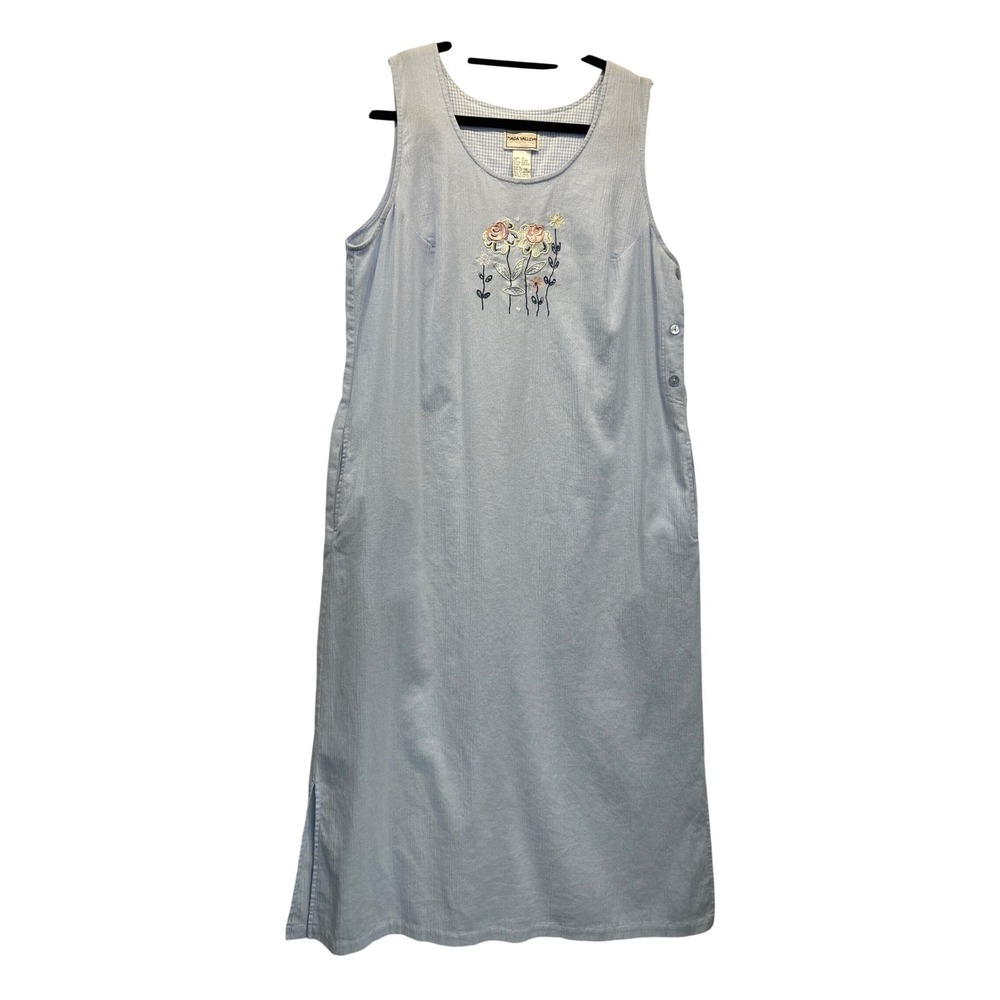Napa Valley Dress Womens L Blue Floral Embroidered Gauze Sleeveless Maxi Pockets